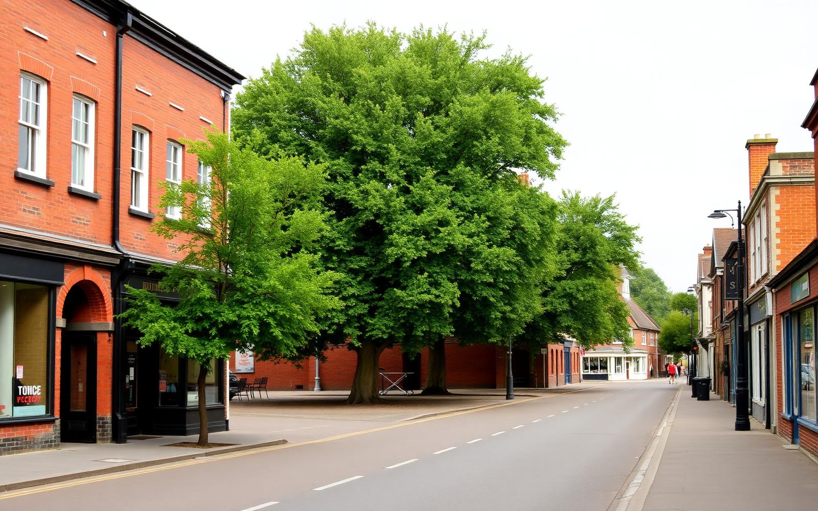 Braintree town street of red brick period buildings beside a large mature tree