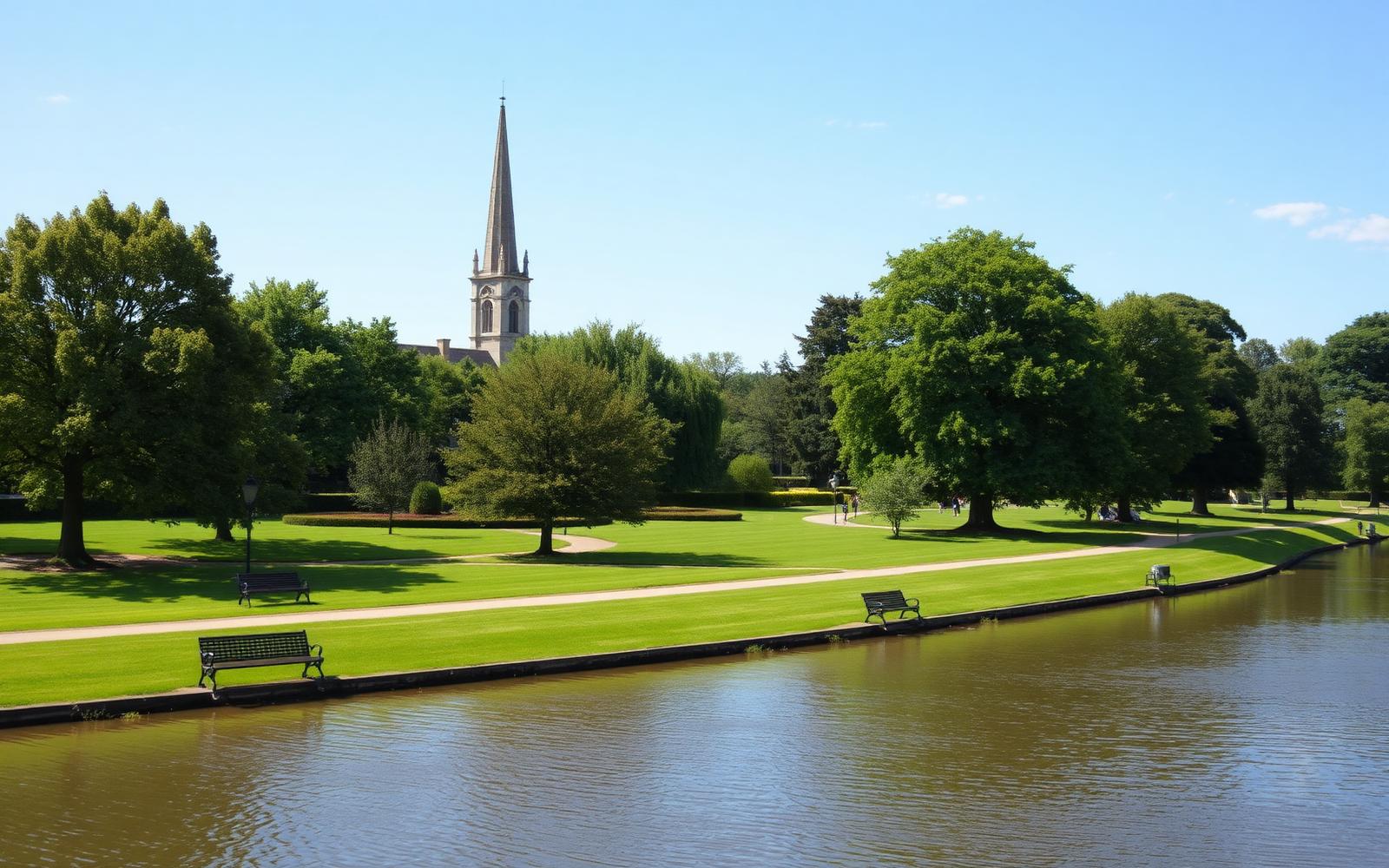 Chelmsford riverside parkland with the cathedral spire rising behind mature trees