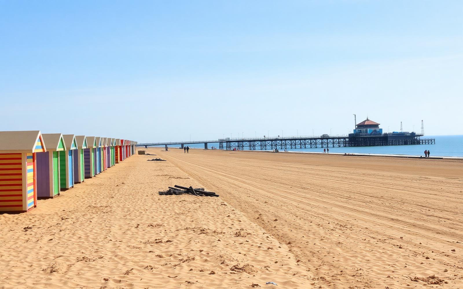 Clacton-on-Sea beach with colourful beach huts and the Victorian pier beyond