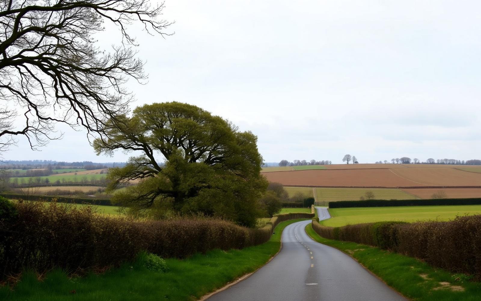 Essex countryside near Colchester with farmland, hedgerows and a quiet country lane