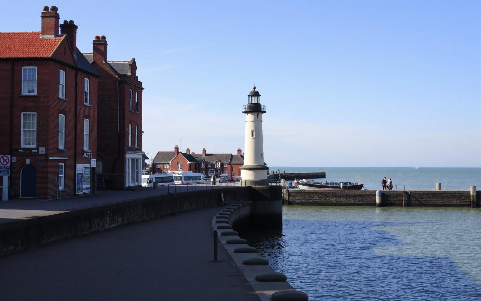 Harwich quayside with its historic lighthouse and red brick harbour buildings