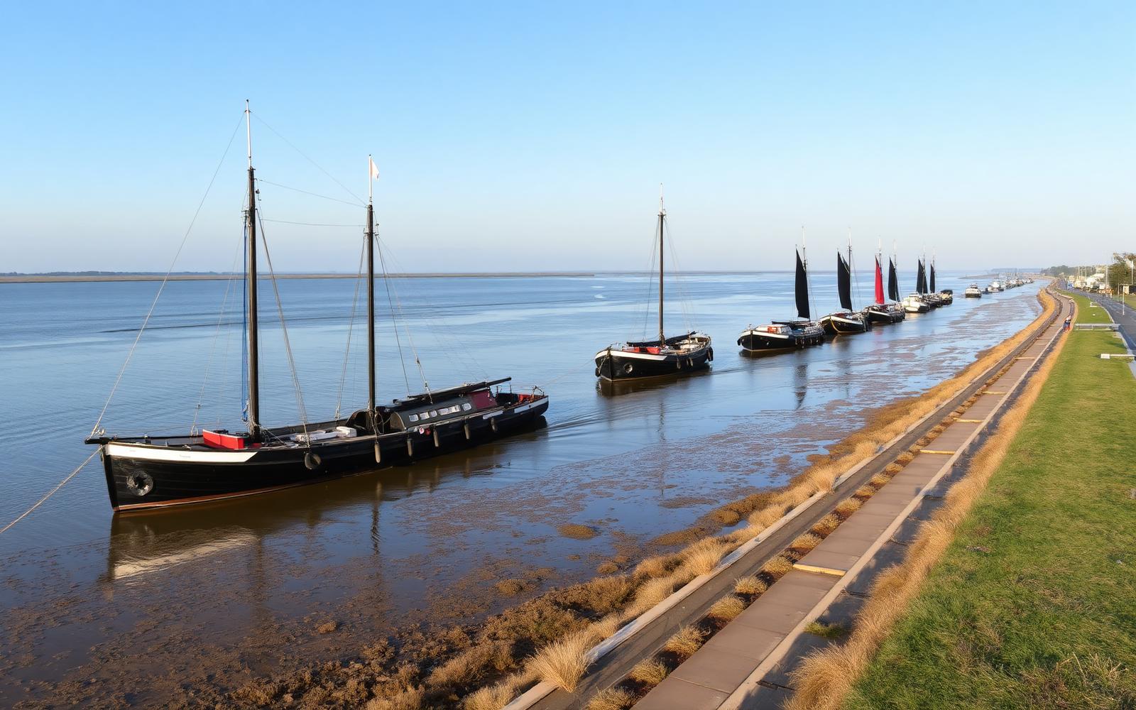 Maldon's Blackwater estuary with traditional black-sailed Thames barges moored at the quay