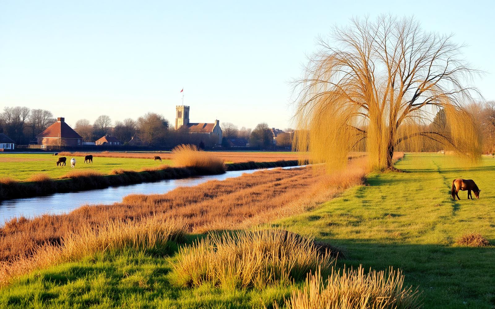 Sudbury water meadows beside the River Stour with grazing pasture and a church tower