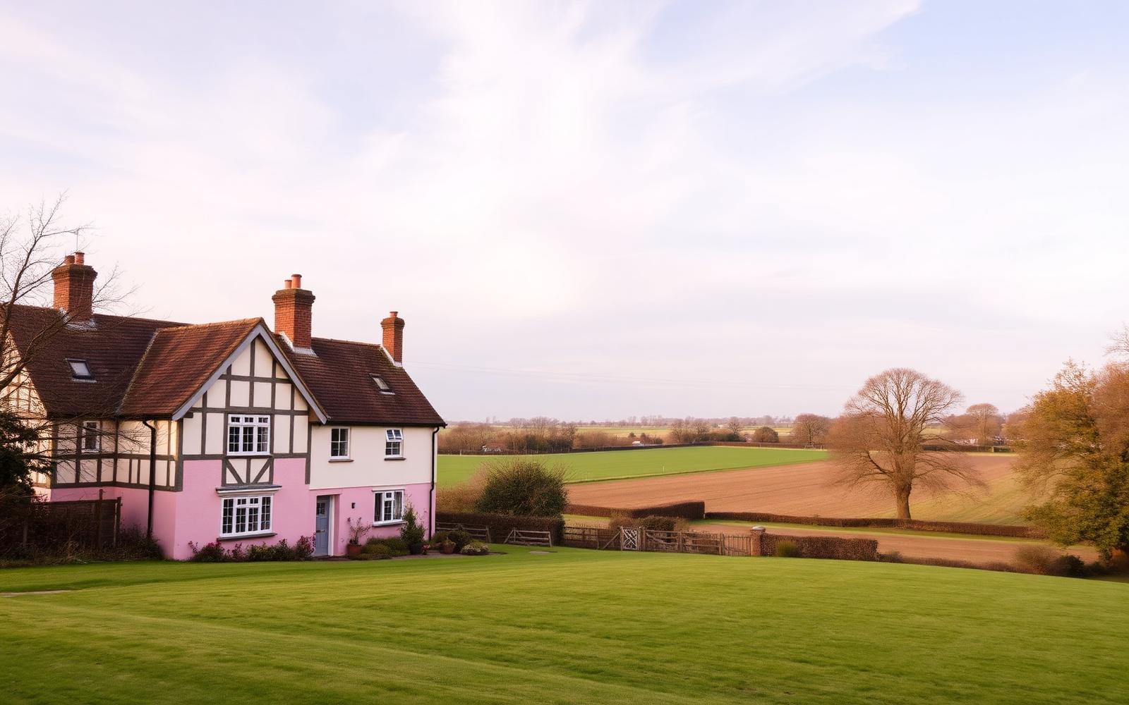 Suffolk countryside with a pastel timber-framed cottage beside open farmland