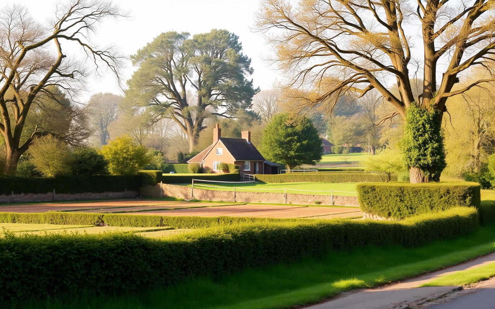 Rural village edge at Tiptree with fruit fields, clipped hedging and mature trees