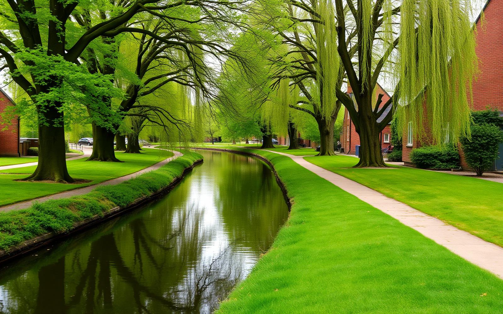 Witham riverside walk with willows, mown grass and red brick houses